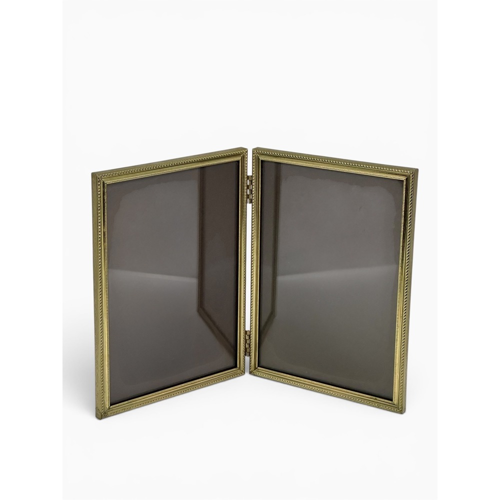 VTG Double Picture Frame Gold Metal Hinged Folding Beaded Border Tabletop 5x7